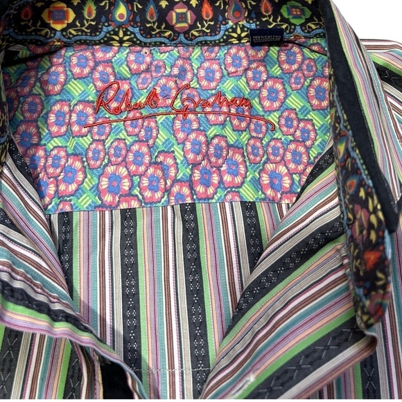 ROBERT GRAHAM Button Up LS Shirt sz XL Gray & Multicolor Stripe Floral Cuff/Trim - Picture 10 of 12